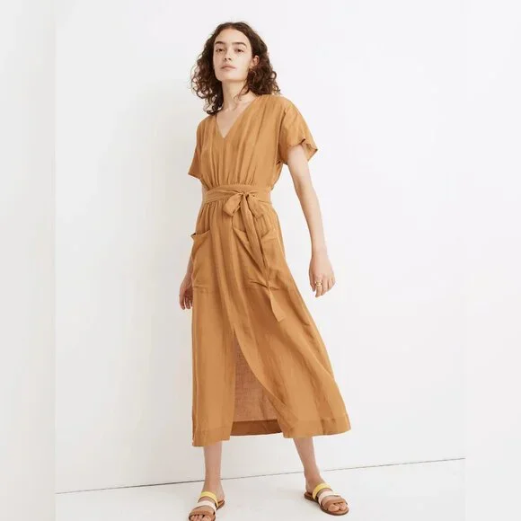 madewell tie waist midi dress Madewell Toffee Linen-Blend Tie-Waist Midi Dress (US 0)
